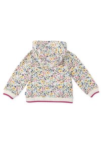 Chaqueta con capucha floral sobre fondo blanco, con flores de varios colores. Puños y dobladillo acanalados en rosa. Tejido suave y ligero.