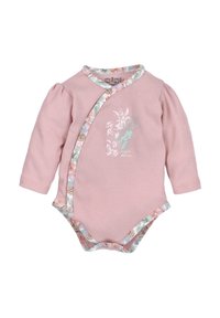 Roze longsleeve bodysuit met pofmouwen, met bloemenprintaccenten en contrasterende rand in pastelkleuren langs de halslijn en drukknopen.