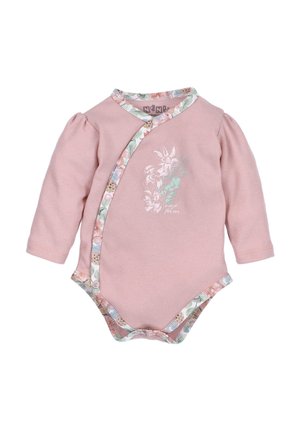 Roze longsleeve bodysuit met pofmouwen, met bloemenprintaccenten en contrasterende rand in pastelkleuren langs de halslijn en drukknopen.