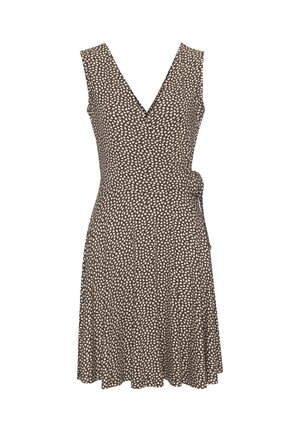 Ärmelloses braunes Wickelkleid mit weißem abstraktem Punktmuster, V-Ausschnitt, tailliertem Schnitt und schwingendem Midi-Rock.