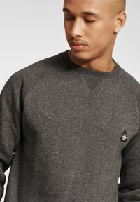 Donkergrijze sweatshirt met een ronde hals, raglanmouwen en een klein zwart logo-patch op de linkerkant van de borst. Zachte stoftextuur.