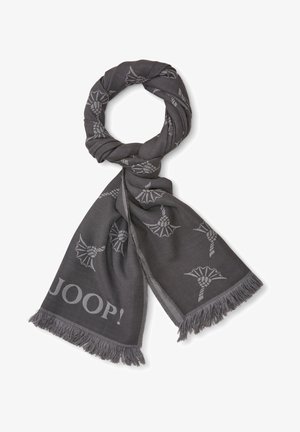 Siva marama od mekog materijala, s resicama i uzorkom stiliziranih listova, s imenom branda "JOOP!" istaknutim jasno.