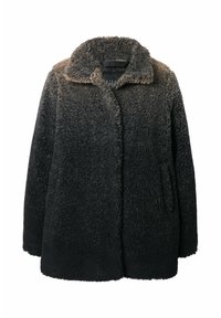 Mustavalkoinen ombre-nahkatakkia muistuttava tekoturkki, jossa on kaulus, kaksi sivutaskua ja teksturoitu pinta. Pehmeä materiaali ja rento malli.