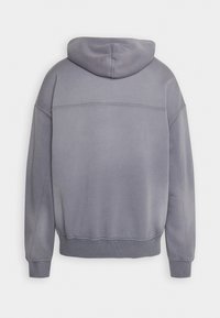 Sweat à capuche gris à manches longues, avec poignets et ourlet côtelés, et détails de coutures visibles, vu de dos sur un fond blanc.