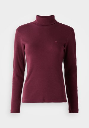 Pull à col roulé long bordeaux en tissu côtelé, avec un design ajusté et un petit logo brodé à l'avant.