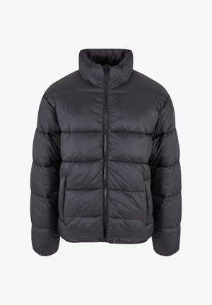 Black puffer jacket with a high collar, zip front closure, and quilted design. Features a smooth, shiny texture and elastic cuffs.
