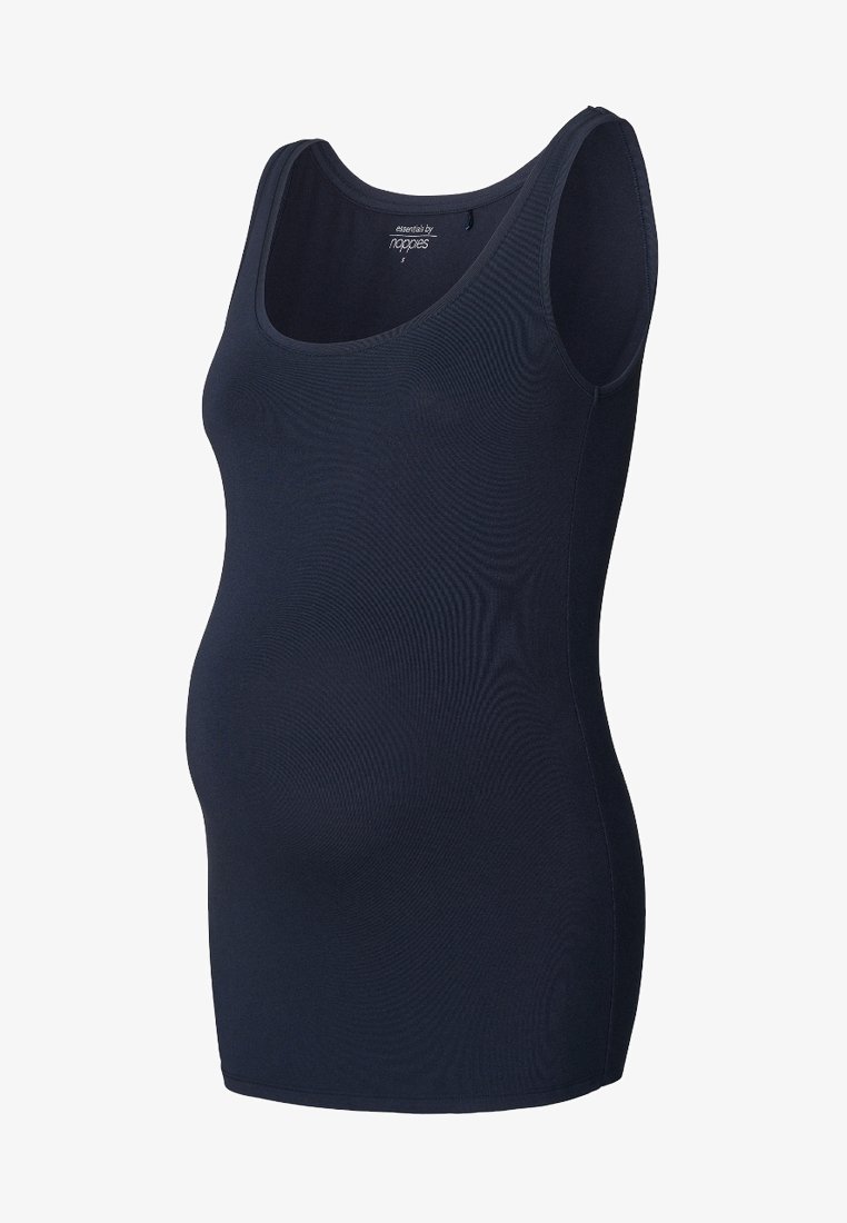 Débardeur de maternité bleu marine sans manches avec encolure dégagée, conçu pour le confort et l'élasticité.
