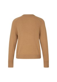 Pull en tricot marron avec un col rond, des manches longues et des bords côtelés aux poignets et à l'ourlet. Texture douce, coupe décontractée et conception sans couture aux épaules.