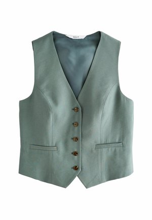 Vesta verde cu un design cu decolteu în V, având cinci nasturi frontali, două buzunare laterale și o căptușeală interioară netedă. Textură de țesătură moale.