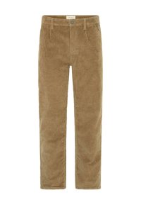 Corduroy trousers in a light brown color, featuring a straight-leg design, vertical ribbed texture, two front pockets, and a button closure.