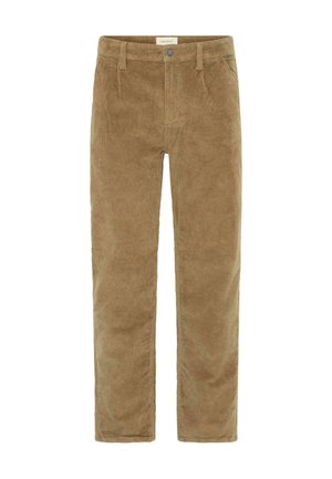 Pantalone od kordura svijetlosmeđe boje, s ravnim krojem, vertikalnom rebrastom teksturom, dva prednja džepa i dugmetom za zatvaranje.