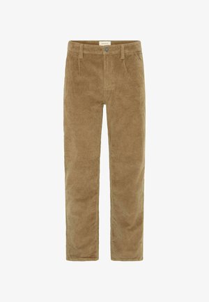 Pantaloni in corduroy di colore marrone chiaro, caratterizzati da un design a gamba dritta, texture a righe verticali, due tasche frontali e chiusura con bottone.