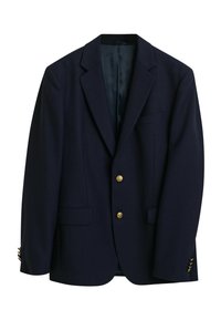Blazer blu navy con rever a punte, due tasche frontali e bottoni dorati. L'interno presenta una fodera scura a contrasto e dettagli testurizzati.
