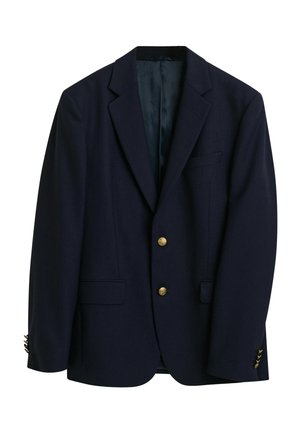 Mørkeblå blazer med et snitklap, to forlommer og guldknapper. Indersiden har en kontrasterende mørk foring og teksturerede detaljer.