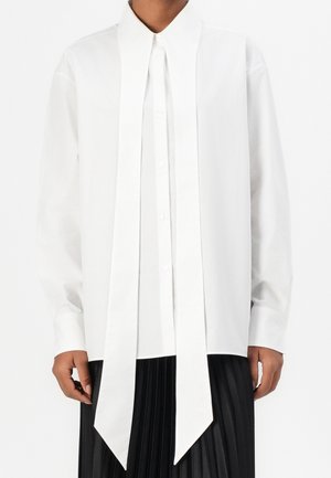 Chemise blanche à manches longues avec boutons et attaches de col prolongées portée avec une jupe plissée noire, visible du cou à la taille.