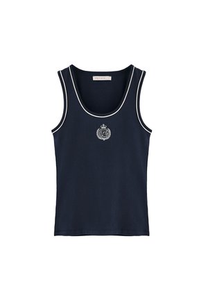 Marine tanktop van katoen, met een diepe hals, contrasterende witte piping en een geborduurd logo op de borst.