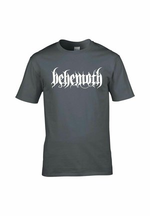 Dark gray t-shirt made of cotton featuring a large, white, stylized text graphic reading “behemoth” across the chest. Short sleeves, crew neck.