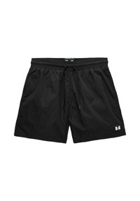Schwarze Schwimmshorts mit elastichem Bund und Kordelzug. Leichtes Material mit strukturierter Oberfläche und einem kleinen Logo-Patch an der Seite.