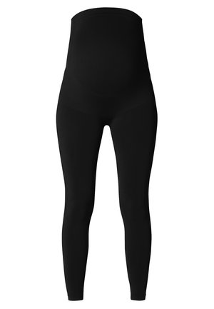 Schwarze Schwangerschaftsleggings mit einem hohen, glatten Bund, aus dehnbarem Stoff gefertigt; figurbetontes Design mit voller Länge.