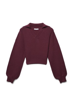 Maglione a maglia color burgundy con scollo a V e spalle ampie, dotato di maniche lunghe e voluminose e orlo corto. Il tessuto testurizzato aggiunge profondità.