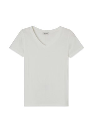 T-shirt bianco in cotone a maniche corte con scollo a v, caratterizzato da una texture liscia e una vestibilità classica. Nessun motivo o accessorio visibile.