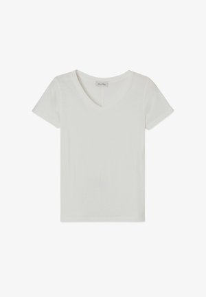 T-shirt bianco in cotone a maniche corte con scollo a v, caratterizzato da una texture liscia e una vestibilità classica. Nessun motivo o accessorio visibile.