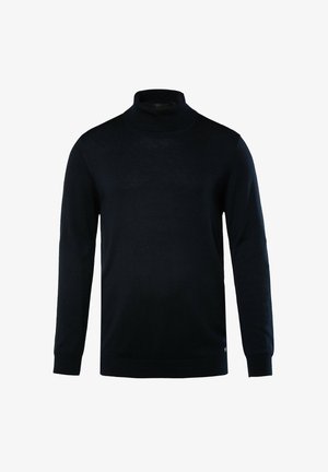 Zwarte coltrui van zacht breigoed. Heeft lange mouwen en een aansluitend ontwerp, met een geribde hals en manchetten.