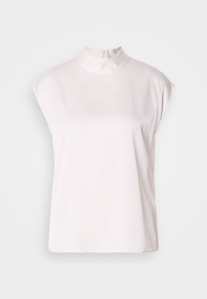 White sleeveless blouse with a high neckline and a back zipper, featuring soft, smooth fabric and a relaxed fit. No patterns or accents.