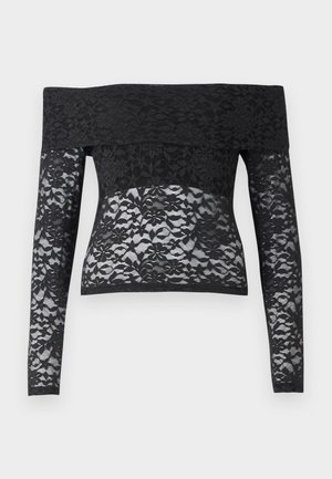 Schwarzes Spitzenoberteil mit langen Ärmeln und schulterfreiem Design. Verfügt über florale Muster und eine semi-transparente Textur.