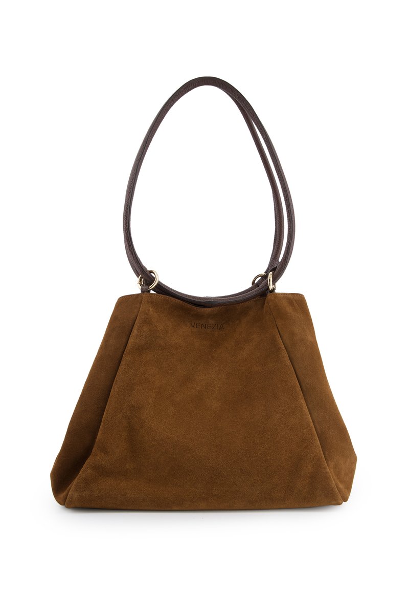 Braune Wildlederhandtasche mit strukturiertem Design, zwei dunkelbraunen Ledergriffen und einer glatten Textur. Verfügt über Nähdetails und ein Logo.