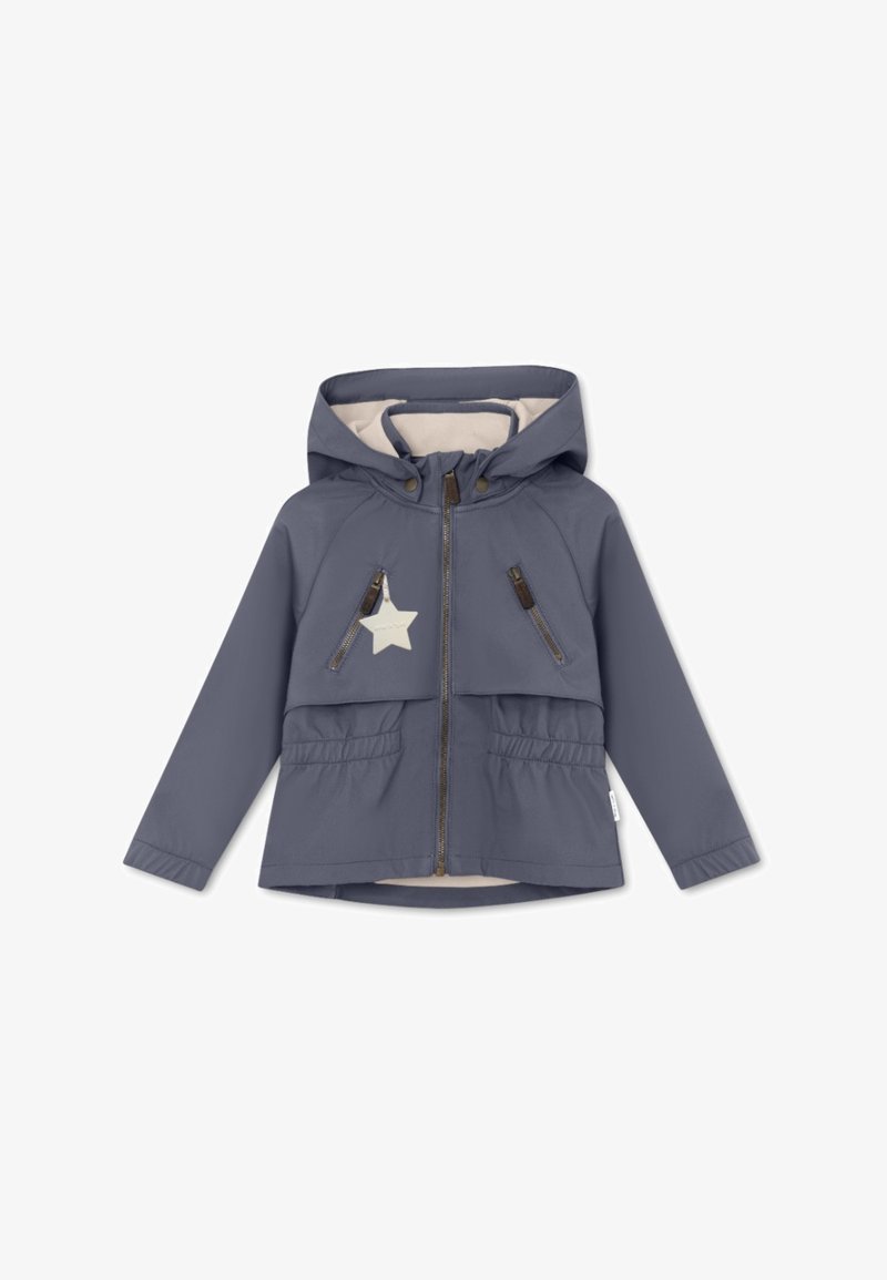 Gray hooded jacket with a beige lining, front zipper, two zippered pockets, a star appliqué, and gathered detailing at the waist.