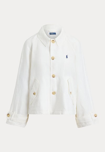 White button-up jacket with collar, two front pockets, buttoned cuffs, and small blue embroidered horse logo on left chest.