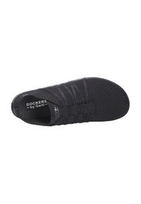 Schwarzer Slipper mit einem Obermaterial aus Mesh, elastischen Bändern für eine gute Passform, einer strukturierten Oberfläche und einer gepolsterten Innensohle für zusätzlichen Komfort.