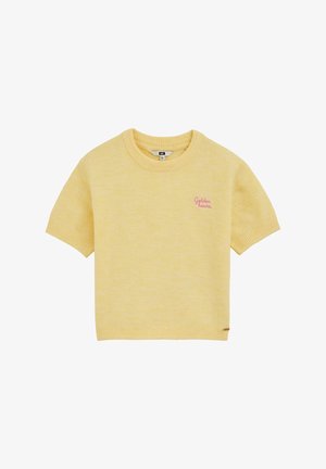 Maglione giallo a maniche corte realizzato in tessuto morbido; presenta uno scollo rotondo e la scritta "Golden" ricamata in rosa. Design leggero e strutturato.