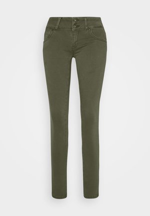 Olive green, slim-fit trousers made from cotton blend with two front pockets, button closure, and a smooth, slightly stretchy texture.