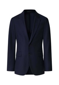 Blazer navy in tessuto testurizzato con chiusura a due bottoni, rever a punta e due tasche frontali.