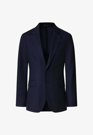 Marineblazer van getextureerde stof met een twee-knops sluiting, notch-revers en twee voorkiezen.