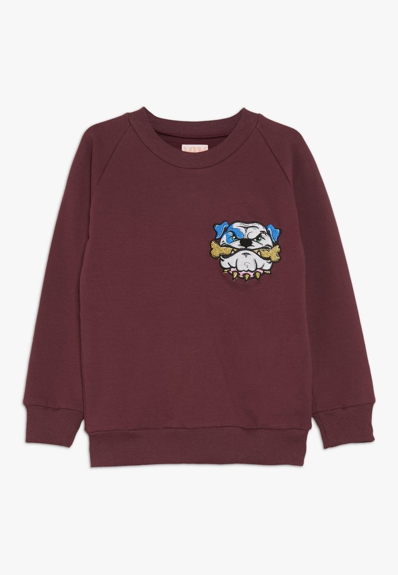 Sweat-shirt bordeaux à manches longues avec poignets et col côtelés, orné d'un bouledogue brodé coloré tenant un os sur la poitrine.