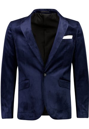 Mörkblå sammetsblazer med en knappstängning, slagkrage, framfickor och en kontrasterande vit näsduk. Svart inredningsfoder.