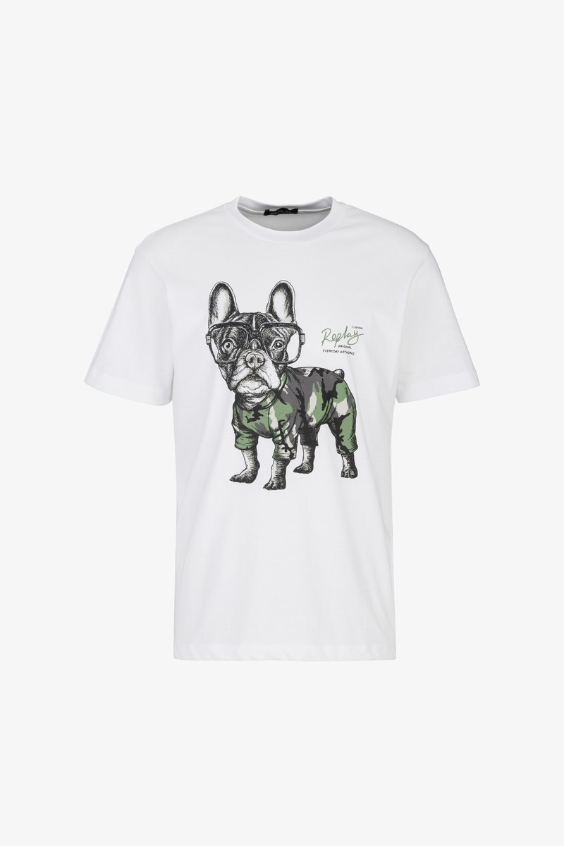 Weißes Baumwoll-T-Shirt mit einem schwarz-grünen, illustrierten französischen Bulldogg im Brillen, verziert mit einem Tarnmuster-Outfit.