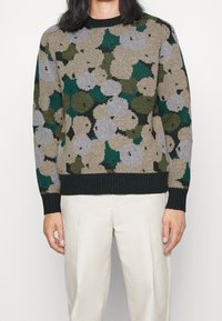 Strickpullover mit floralem Muster in Beige, Grün und Grau. Verfügt über einen gerippten schwarzen Kragen und Bündchen sowie einen lässigen Schnitt.