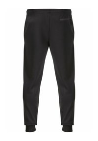 Pantalones de chándal negros, confeccionados con una tela suave, que presentan una cintura con cordón, dobladillos ajustados y un bolsillo con cremallera en la parte trasera.
