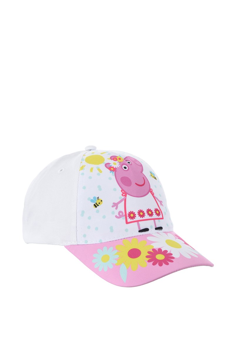 Cappellino da baseball bianco con visiera rosa, caratterizzato da un personaggio dei cartoni animati, fiori, api e un design del sole. Realizzato in tessuto con grafiche stampate.