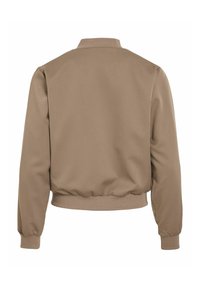 Braune Bikerjacke mit geripptem Kragen und Bündchen, elastischem Bund und glatter Stoffstruktur. Schlichtes Design, keine zusätzlichen Muster oder Akzente.