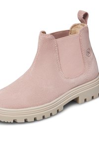 Stivaletto in suede rosa con pannelli elastici ai lati, suola in gomma e finitura testurizzata. Presenta una linguetta sul retro per facilitare l'indossamento.