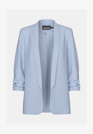 Hele sinine bleiser, millel on kohandatud lõige, sile tekstuur, šaalikaelus ja üleskeeratud varrukad. Brändi silt on nähtav sisekaeluses.