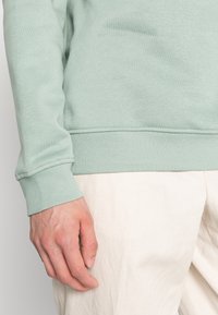 Felpa verde chiaro con orlo e polsini a coste, realizzata in tessuto morbido. Mano visibile, indossa pantaloni color crema.
