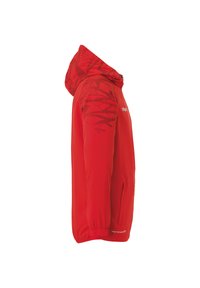 Rote Kapuzenjacke mit einer strukturierten, gemusterten Kapuze. Verfügt über eine Reißverschlusstasche und elastische Bündchen. Glattes Material mit modernem Design.