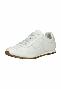 Weiße Leder-Sneaker mit glatter Textur, hellgrauen Schnürsenkeln und Gummisohle. Verfügt über dezente Nähte und ein Logodetail an der Seite.