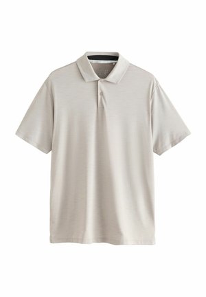 Šviesiai smėlio spalvos polo marškinėliai, pagaminti iš tekstūruotos medžiagos. Turi apykaklę, trijų sagų sąsagą ir trumpas rankoves. Paprastas ir klasikinis dizainas.